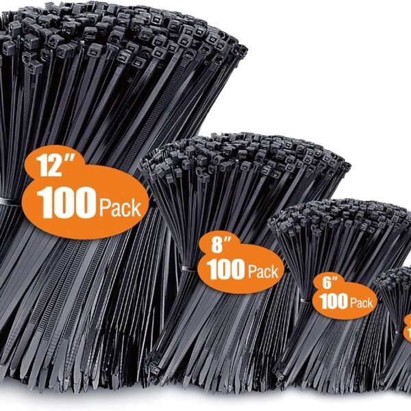 Zip Ties Assorted Sizes(4”+6”+8”+12”), 400 Pack, Black Cable Ties, UV Resistant Wire Ties